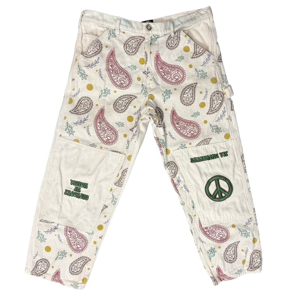 Earthling VIP Hippie Cream Paisley Peace Embroidered Carpenter Pants Men Size 34